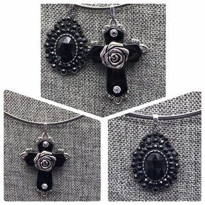 Silver Tone Collar Necklace &2 Black Pendants Oval & Cross Whimsigoth Witchy 18"